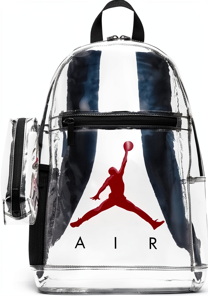 Clear backpack showing interior compartments and side bottle pocket