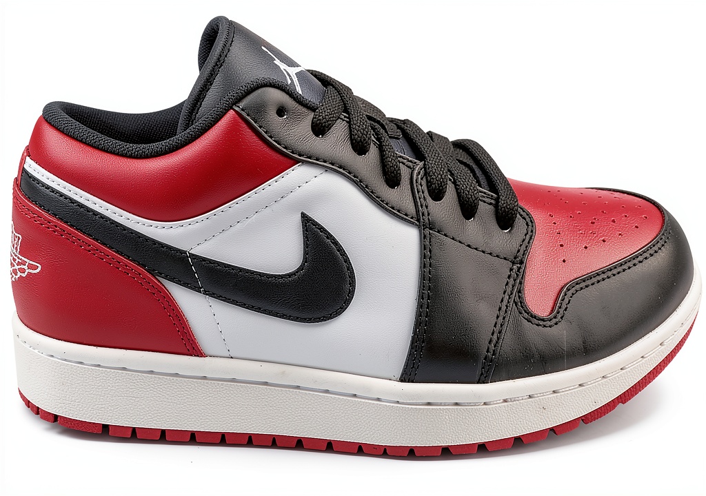 Jordan 1 Low Men's Basketball Shoes in Gym Red/White/Black color displayed on a court