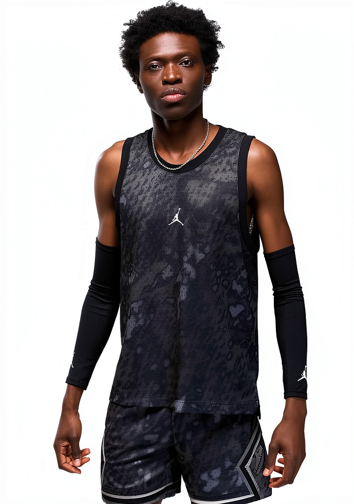Jordan basketball jersey in Black/Gray color on a man during a game