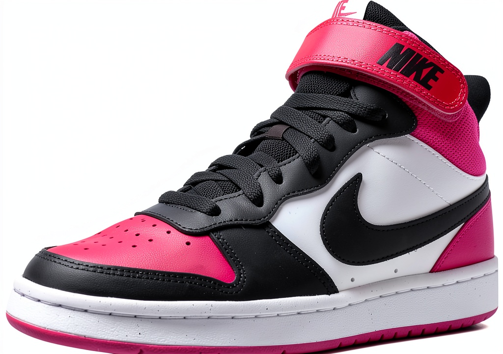 Nike boys sneakers in white, black, and fierce pink colors on a child's feet