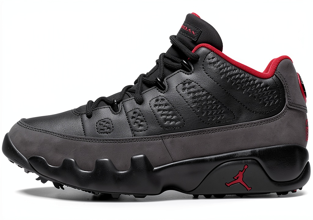 Jordan golf shoes in Black/True Red/Dark Charcoal color on a golf course