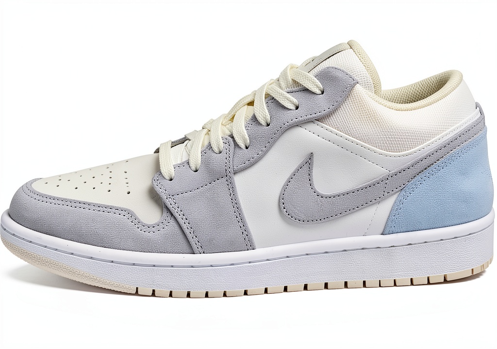 Air Jordan 1 Low Men's Shoes in White Sky Grey color on a basketball court