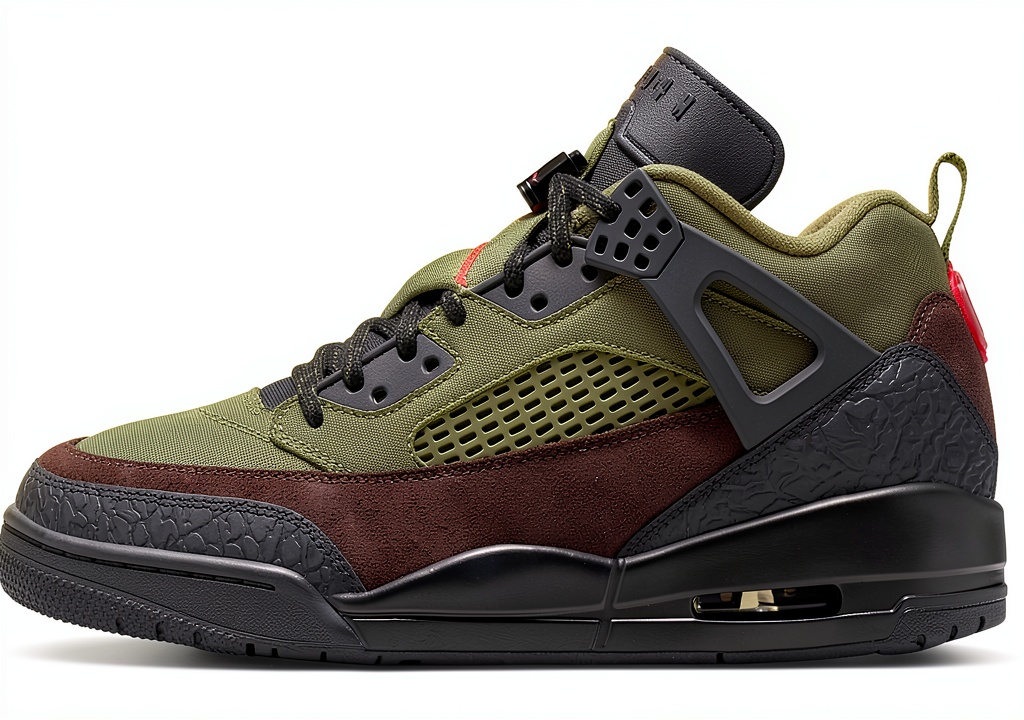 Installing Nike Spizike Low Men's Lifestyle Shoes (Medium Olive/Black/Baroque Brown/University Red) Size 12 on a wooden desk